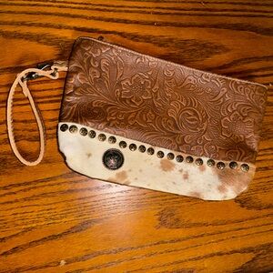 Myra Brown and Tan Embossed Leather Wristlet